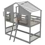 Lit superposé cabane jumeau sur jumeau avec toit, fenêtre, jardinière, porte, barrières de sécurité et échelle, gris