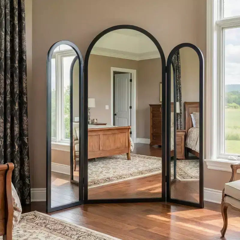 Dovelina 71H*66.5W Miroir pleine longueur triptyque sur pied en arche pour salon, salle à manger, entrée, chambre à coucher, cadre en métal/bois disponible