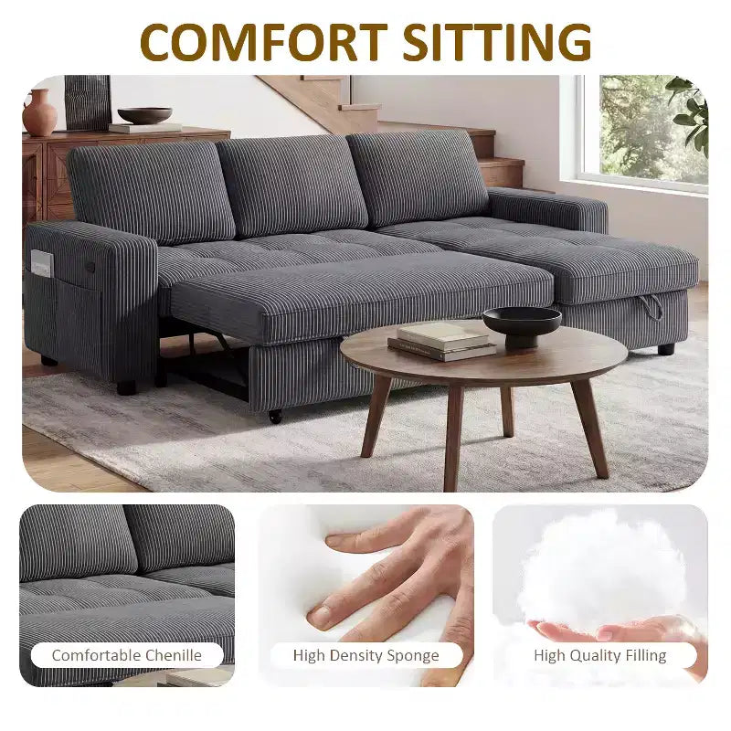Divano Letto, Divano Estraibile a L da 81 pollici con Chaise Longue Reversibile e Contenitore/Porta USB/Tasca Laterale/Montaggio Senza Attrezzi, Velluto a Coste Beige