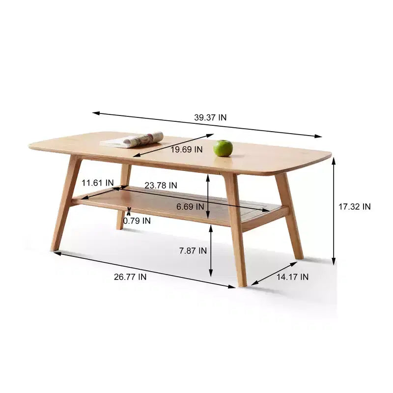 Tavolino rettangolare moderno GDFStudio Wright in legno massello di rovere con ripiano portaoggetti