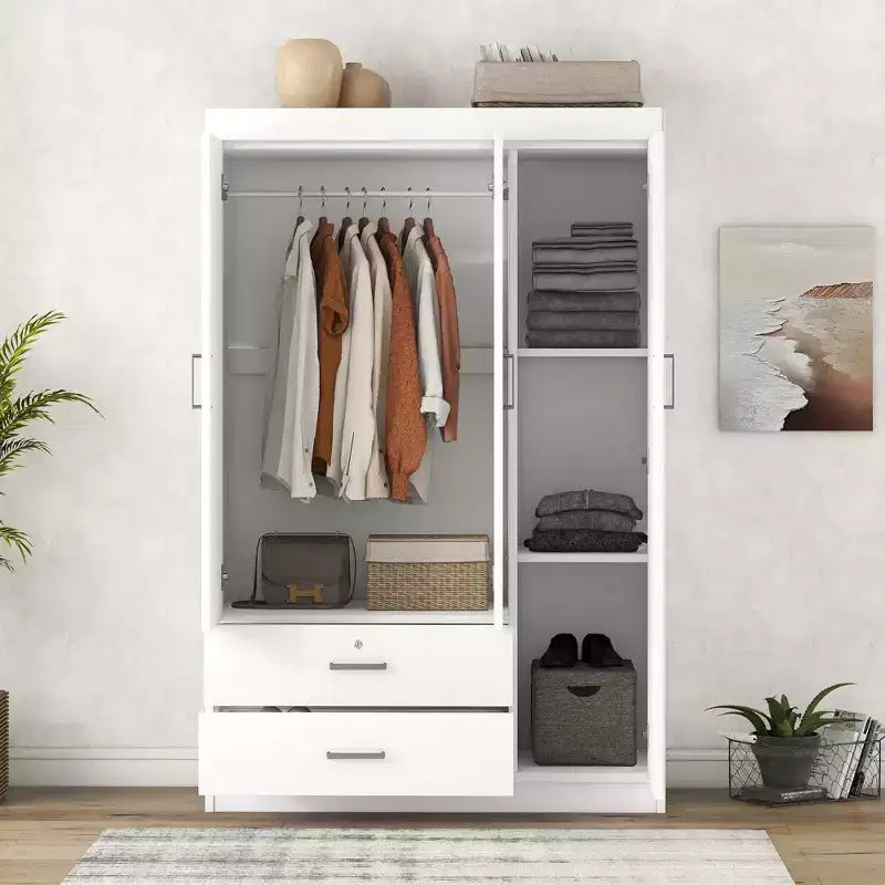 Armoire Whisen Wood à 3 portes avec tringle à vêtements, 2 tiroirs et étagères de rangement