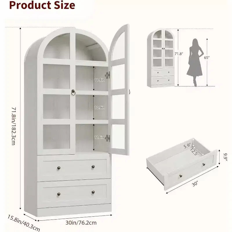 Garde-manger de cuisine, Garde-manger de cuisine haut de 72 po à arche, Armoire en bois polyvalente de style campagnard avec tiroirs, Armoire de style ferme moderne