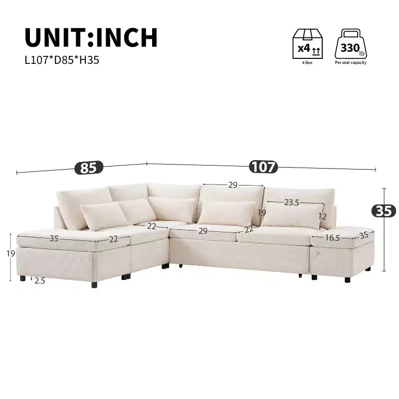 Canapé-lit modulaire sectionnel Whisen 270 - 6 places en forme de L avec pouf de rangement, canapé en chenille, personnalisable pour salon et appartement