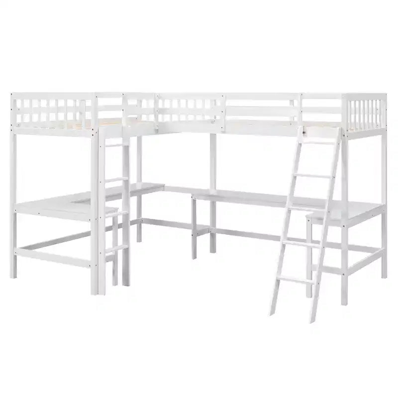 Letto a soppalco a L matrimoniale in legno da 119''L 79.5''W con scaletta e 2 scrivanie a L integrate