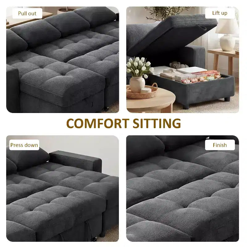 Divano Letto, Divano Estraibile a L da 81 pollici con Chaise Longue Reversibile e Contenitore/Porta USB/Tasca Laterale/Montaggio Senza Attrezzi, Velluto a Coste Beige