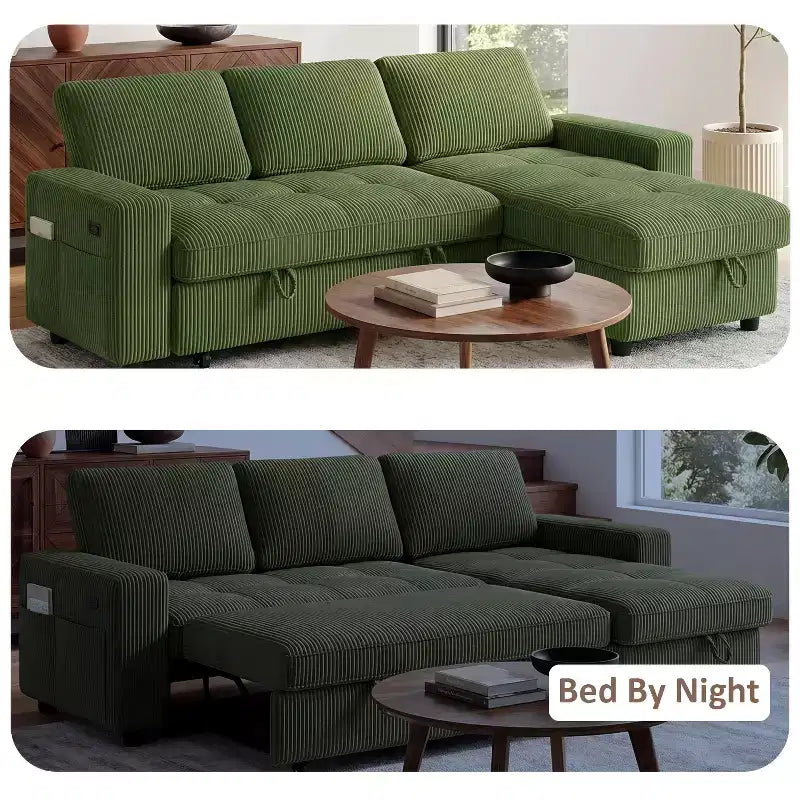 Divano Letto, Divano Estraibile a L da 81 pollici con Chaise Longue Reversibile e Contenitore/Porta USB/Tasca Laterale/Montaggio Senza Attrezzi, Velluto a Coste Beige