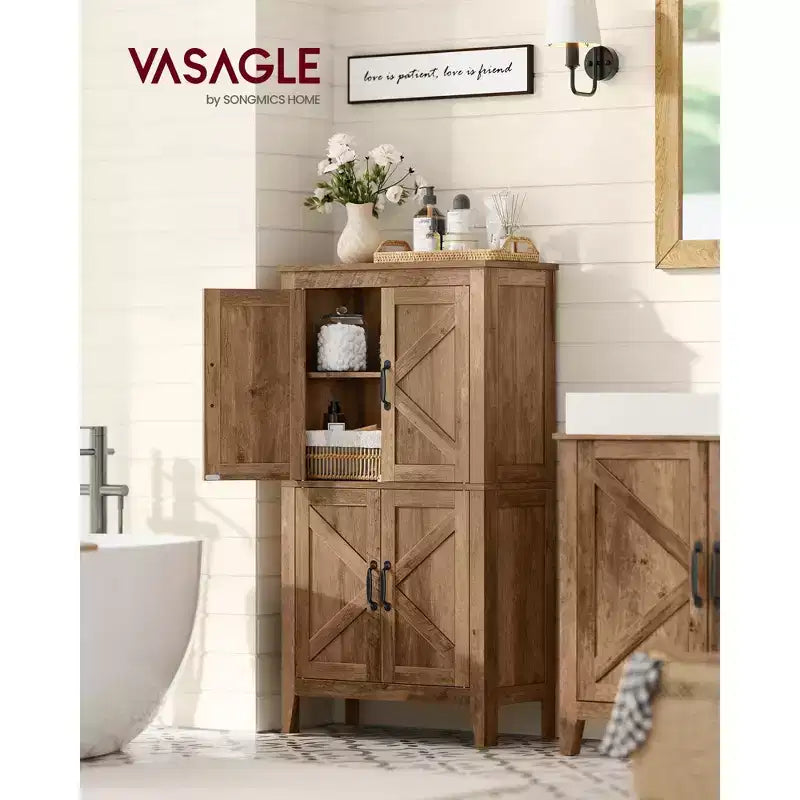 VASAGLE Collezione LIRY - Mobiletto Contenitore in Stile Rustico, Mobile Bagno a Terra con Ante Scorrevole, Dispensa Autoportante per Cucina, Ripiani Regolabili