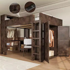 Lit mezzanine Whisen Wooden Queen avec armoire et bureau, tête de lit intégrée avec rangement