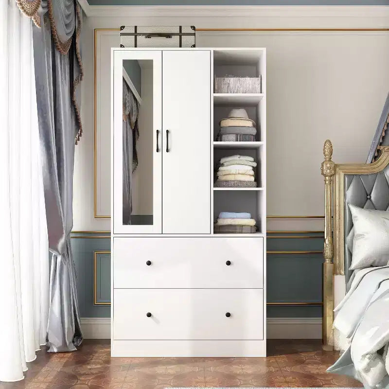 Armoire 2 portes avec miroir, tringle à vêtements et 2 tiroirs