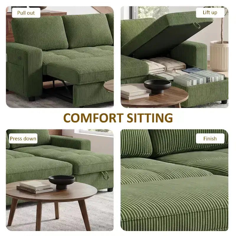 Divano Letto, Divano Estraibile a L da 81 pollici con Chaise Longue Reversibile e Contenitore/Porta USB/Tasca Laterale/Montaggio Senza Attrezzi, Velluto a Coste Beige