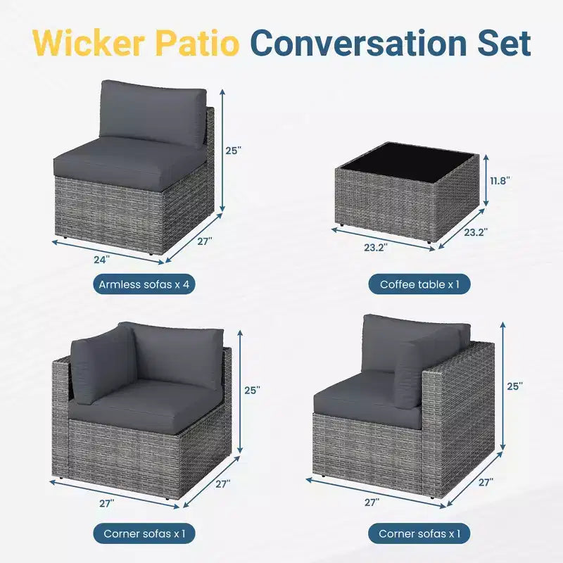 Set di Mobili da Esterno in Rattan a 7 Pezzi, Set Salotto da Esterno in Wicker con Cuscini e Tavolino da Caffè, Divano Sezionale Modulare da Esterno