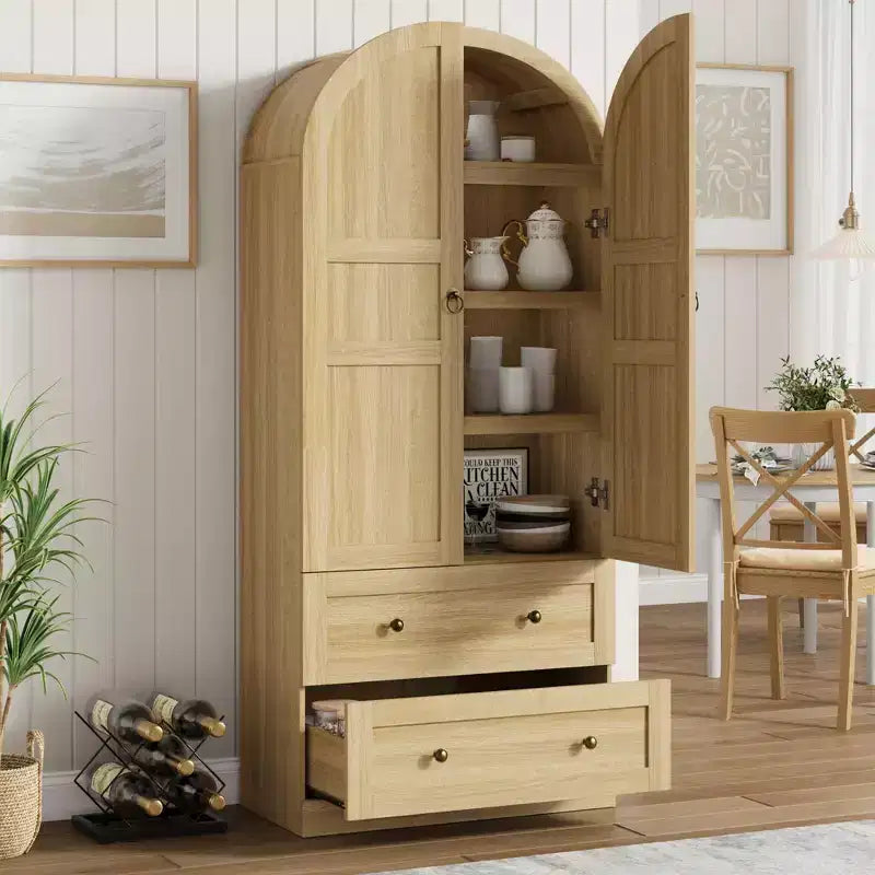 Garde-manger de cuisine, Garde-manger de cuisine haut de 72 po à arche, Armoire en bois polyvalente de style campagnard avec tiroirs, Armoire de style ferme moderne