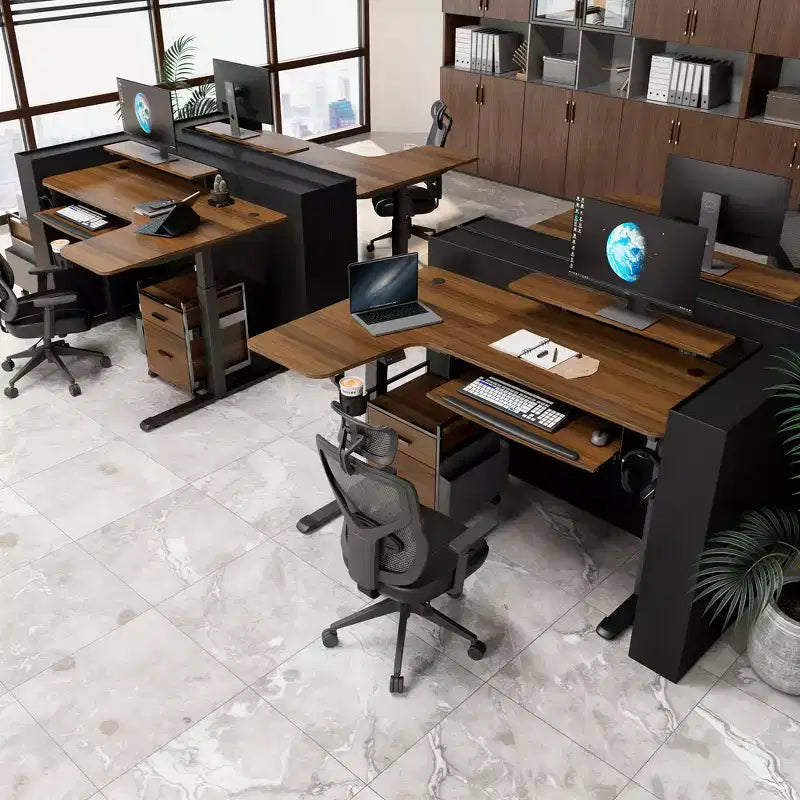 Bureau assis-debout en forme de L EUREKA ERGONOMIC 60x23 avec accessoires