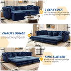 Divano Letto Estraibile 3-in-1 King Size in Velluto Whisen e Divano Letto Convertibile con Ottomana Mobile, Design Trapuntato
