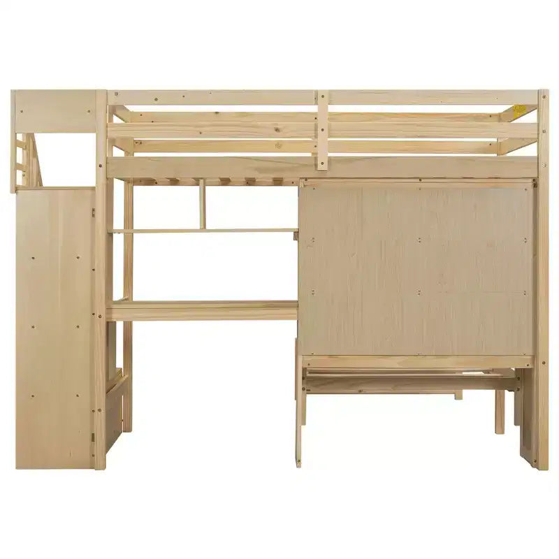 Lit superposé double en bois avec bureau et escalier, lit mezzanine double en L avec rangements et étagères