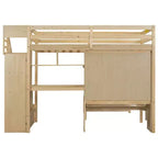 Lit superposé double en bois avec bureau et escalier, lit mezzanine double en L avec rangements et étagères