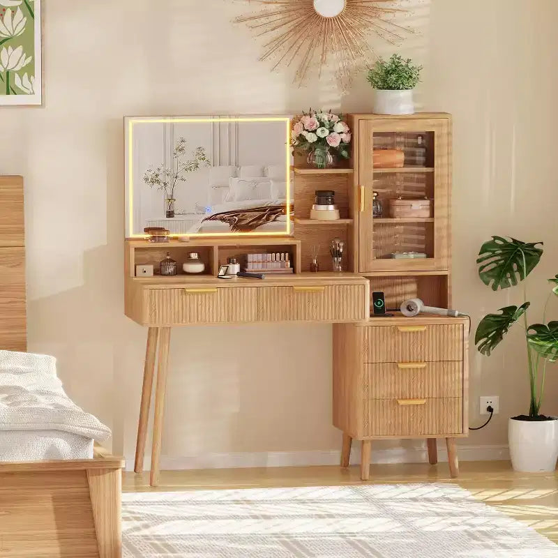 Coiffeuse moderne avec miroir de 24 pouces et 5 tiroirs, table de maquillage cannelée avec étagère de rangement pour femmes et filles