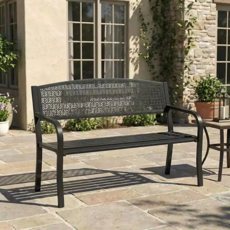 Panca in metallo per esterni a 2 posti per giardino, mobile con panchine in acciaio con schienale geometrico per patio, giardino e portico