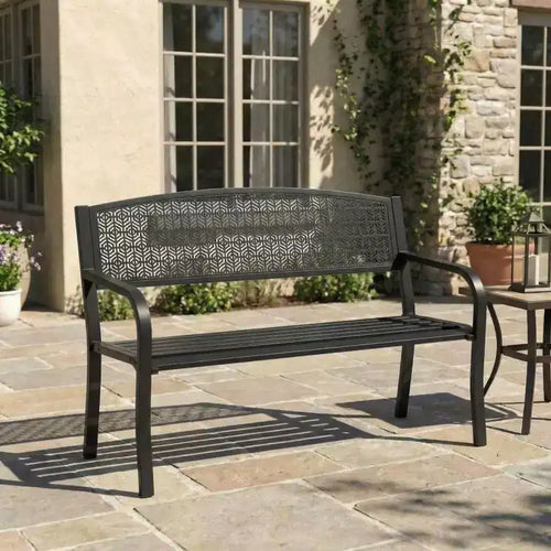 Panca in metallo per esterni a 2 posti per giardino, mobile con panchine in acciaio con schienale geometrico per patio, giardino e portico