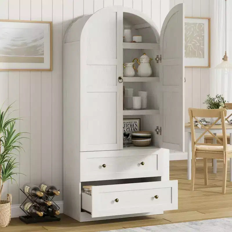 Garde-manger de cuisine, Garde-manger de cuisine haut de 72 po à arche, Armoire en bois polyvalente de style campagnard avec tiroirs, Armoire de style ferme moderne