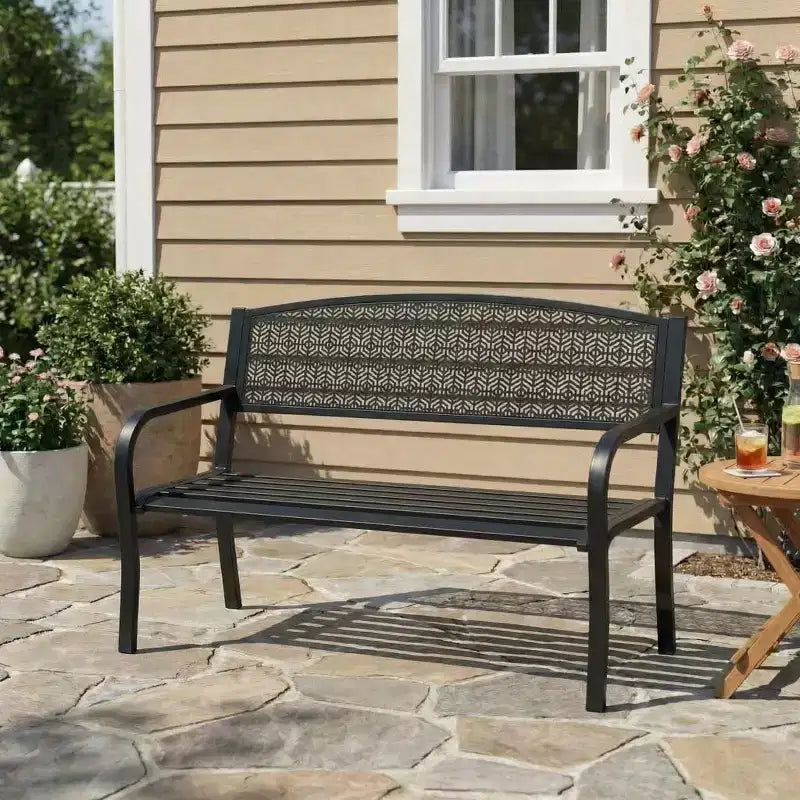 Panca in metallo per esterni a 2 posti per giardino, mobile con panchine in acciaio con schienale geometrico per patio, giardino e portico
