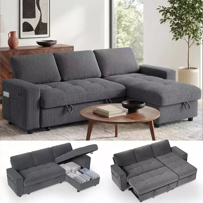 Canapé-lit convertible, canapé-lit en forme de L de 81 po avec méridienne de rangement réversible/port USB/poche latérale/assemblage sans outils, velours côtelé beige