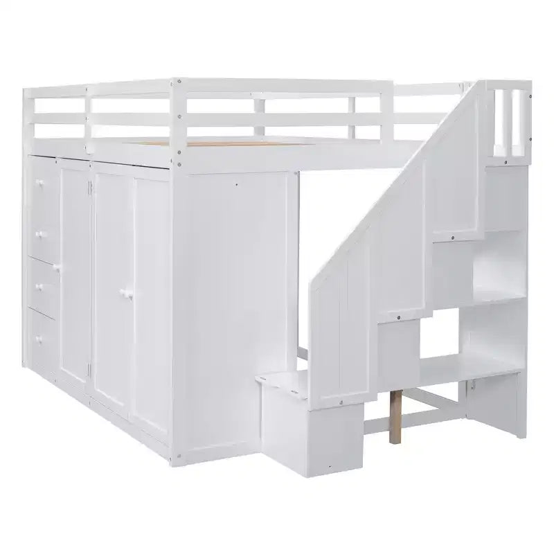 Lit mezzanine pleine taille Teddy Fleece avec étagère de rangement et tiroirs, lit mezzanine haut en bois avec bureau polyvalent pour chambre à coucher