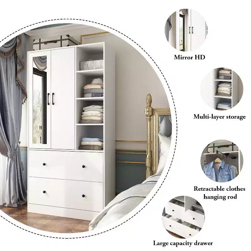 Armoire 2 portes avec miroir, tringle à vêtements et 2 tiroirs