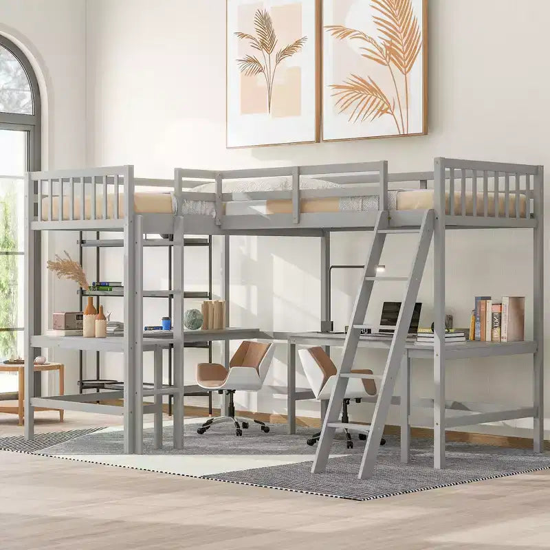 Letto a soppalco a L matrimoniale in legno da 119''L 79.5''W con scaletta e 2 scrivanie a L integrate