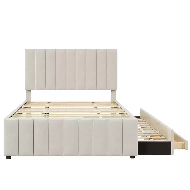 Lit plateforme rembourré pleine grandeur avec lit gigogne double et 3 tiroirs, tissu de lin, beige