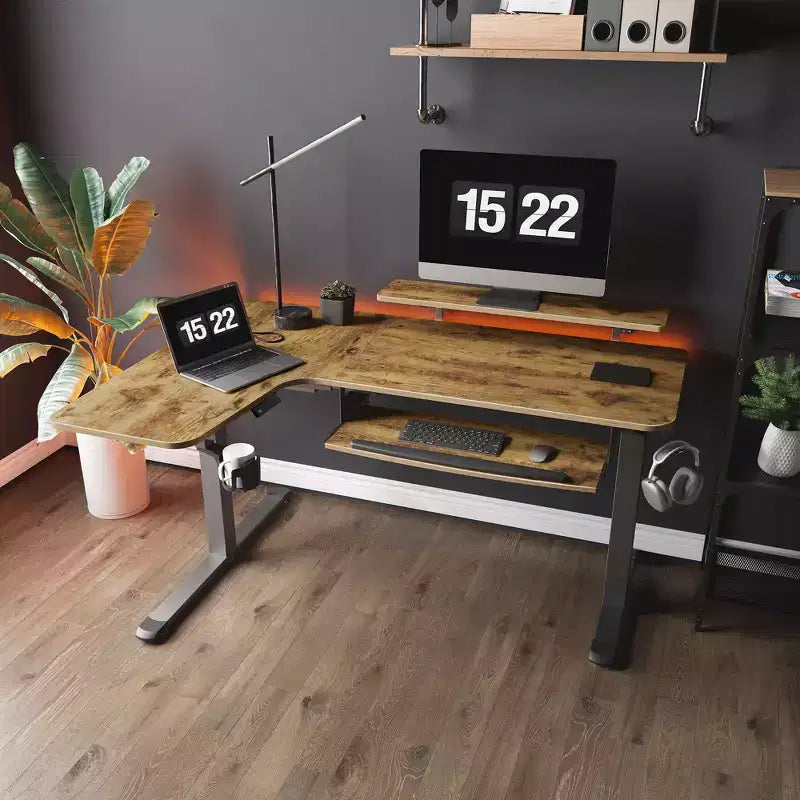 Bureau assis-debout en forme de L EUREKA ERGONOMIC 60x23 avec accessoires