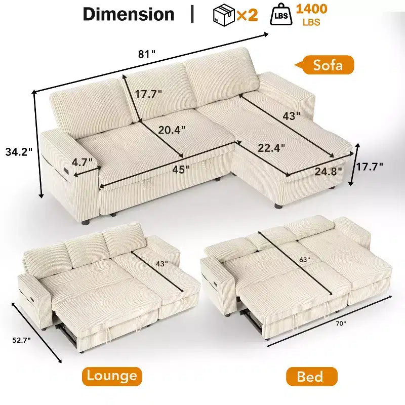 Divano Letto, Divano Estraibile a L da 81 pollici con Chaise Longue Reversibile e Contenitore/Porta USB/Tasca Laterale/Montaggio Senza Attrezzi, Velluto a Coste Beige