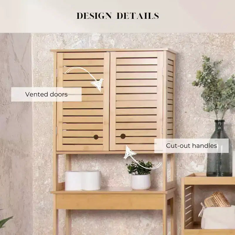 Evideco Mobiletto salvaspazio da bagno da mettere sopra al WC, con doppie ante ventilate e ripiano aperto, colore naturale - Collezione Trinidad