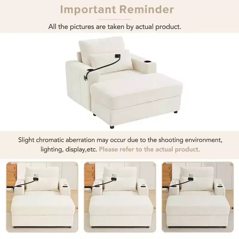 Chaise longue convertible avec pouf de rangement mobile, assise profonde