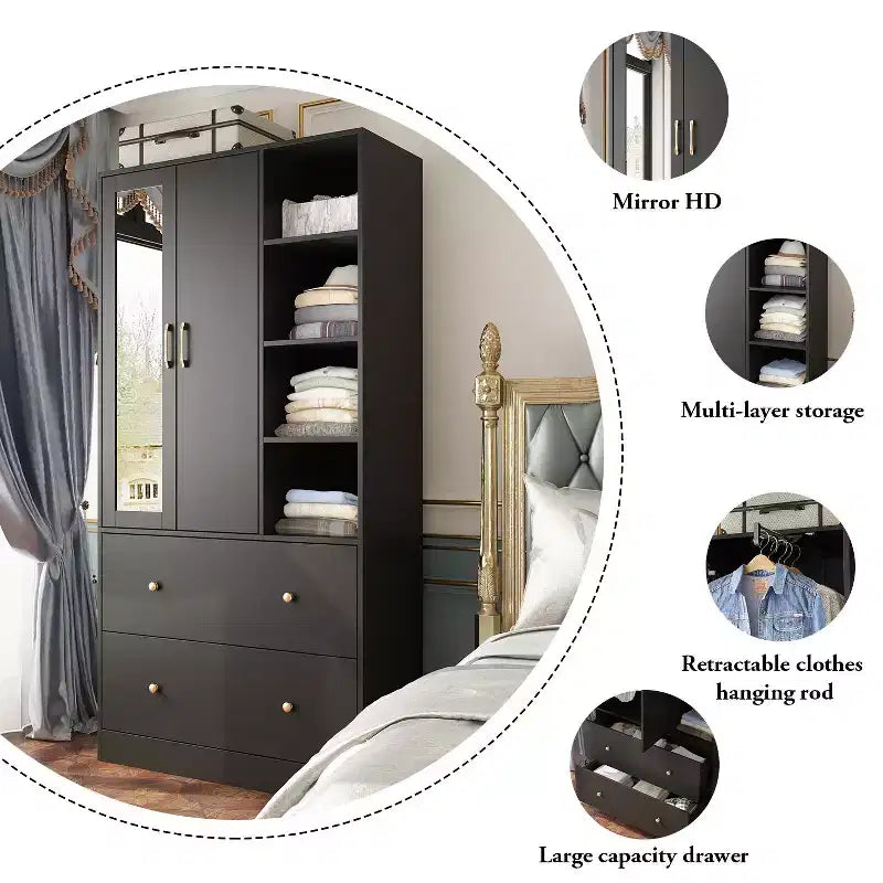 Armoire 2 portes avec miroir, tringle à vêtements et 2 tiroirs