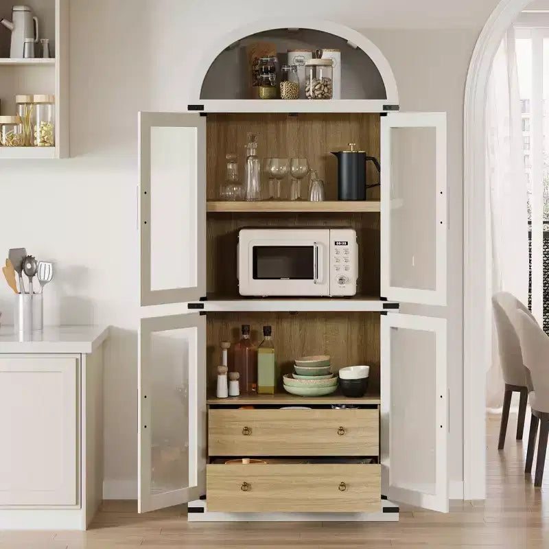 Libreria alta ad arco GustoWave 71.4 con 4 ante e 2 cassetti, armadietto espositivo profondo 15.8 con ripiani, scaffale in legno