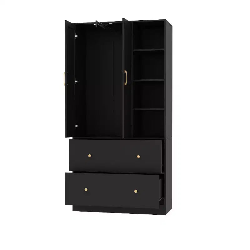 Armoire 2 portes avec miroir, tringle à vêtements et 2 tiroirs