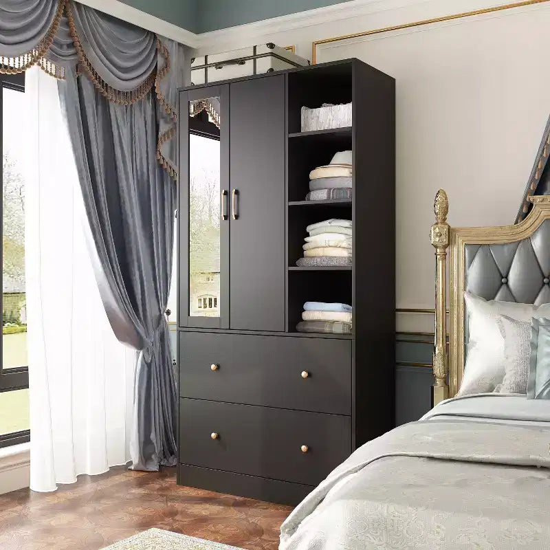 Armoire 2 portes avec miroir, tringle à vêtements et 2 tiroirs