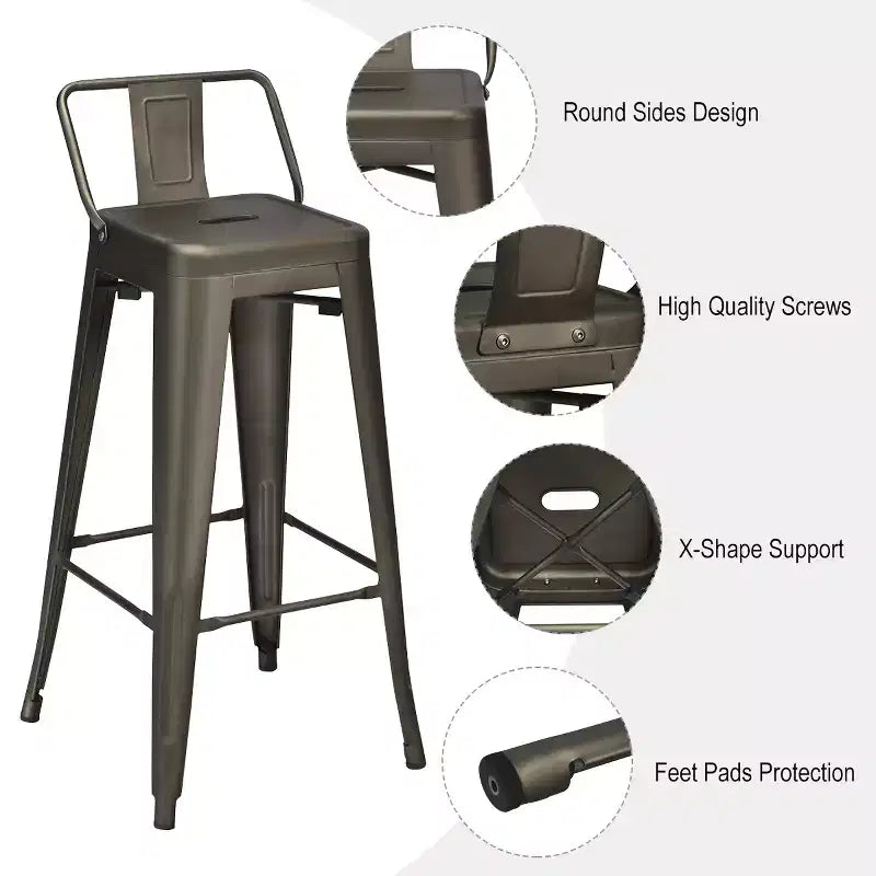 Costway Set di 4 Sgabelli da Bar in Metallo 76 cm, Altezza Bar, Industriali con Schienale Basso in Acciaio