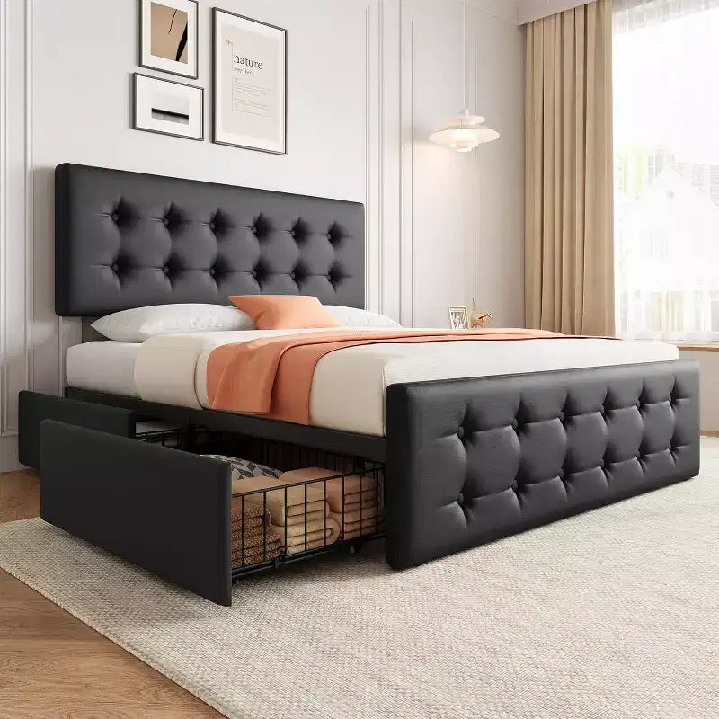 Letto contenitore con 4 cassetti e testiera regolabile - Base letto imbottita