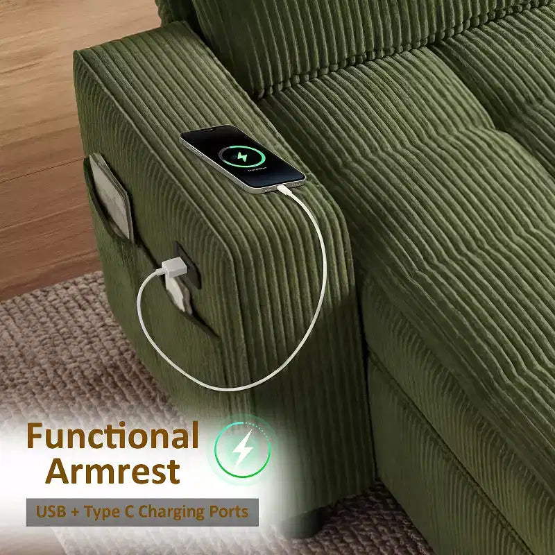 Divano Letto, Divano Estraibile a L da 81 pollici con Chaise Longue Reversibile e Contenitore/Porta USB/Tasca Laterale/Montaggio Senza Attrezzi, Velluto a Coste Beige