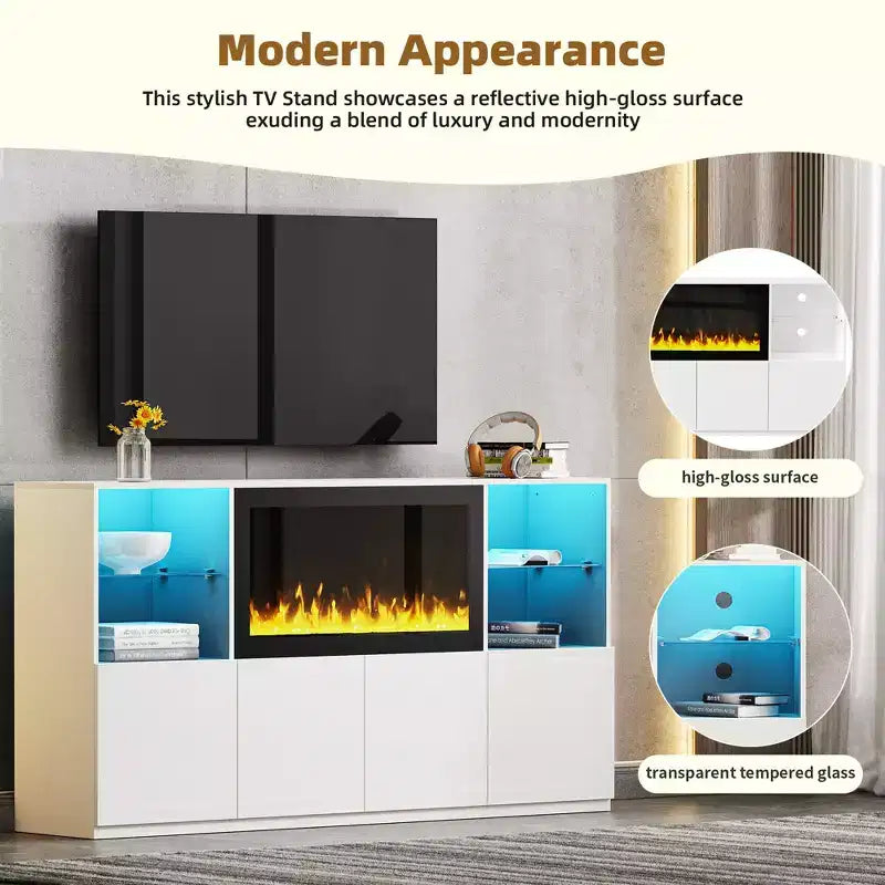 Meuble TV moderne avec lumières LED pour téléviseur de 75 pouces, table console multimédia avec étagères en verre trempé et foyer non chauffant