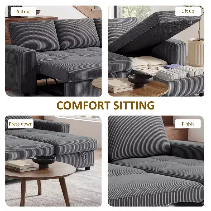 Divano Letto, Divano Estraibile a L da 81 pollici con Chaise Longue Reversibile e Contenitore/Porta USB/Tasca Laterale/Montaggio Senza Attrezzi, Velluto a Coste Beige