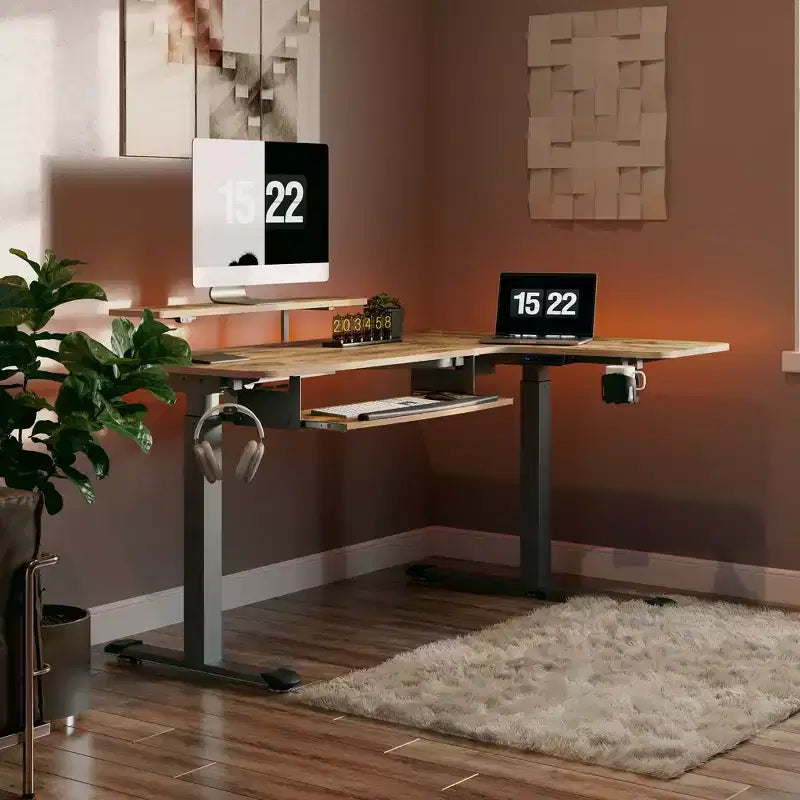 Bureau assis-debout en forme de L EUREKA ERGONOMIC 60x23 avec accessoires