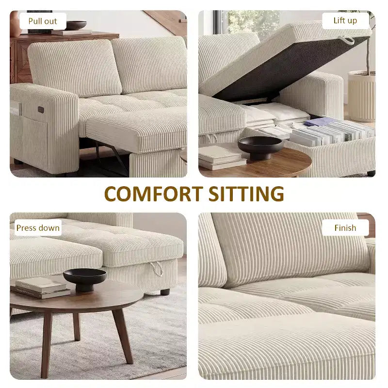 Divano Letto, Divano Estraibile a L da 81 pollici con Chaise Longue Reversibile e Contenitore/Porta USB/Tasca Laterale/Montaggio Senza Attrezzi, Velluto a Coste Beige
