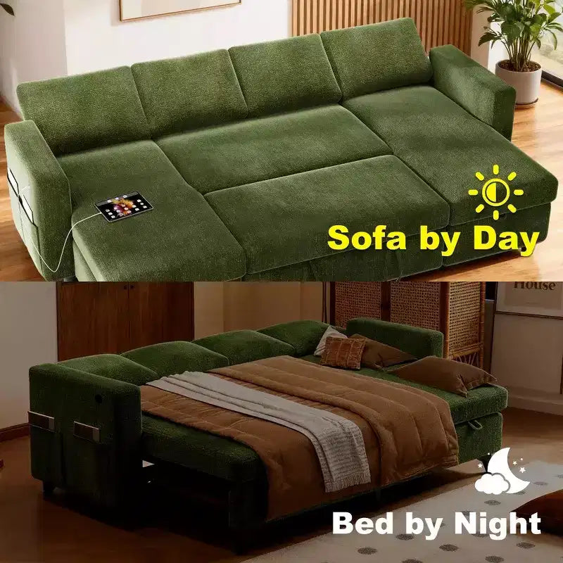 Dyonery Canapé-lit escamotable à quatre places de 267 cm avec rangement, poches latérales, dossier réglable, convertible
