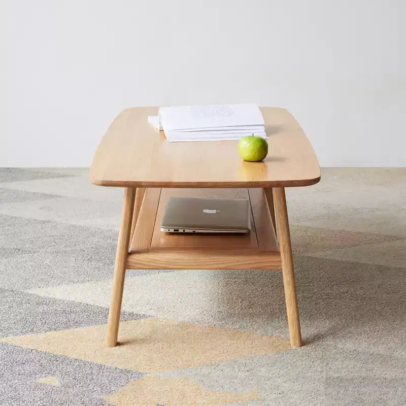 Tavolino rettangolare moderno GDFStudio Wright in legno massello di rovere con ripiano portaoggetti