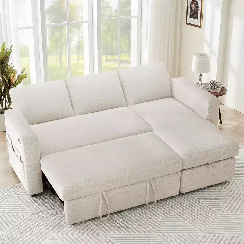 Canapé convertible 2 en 1 Dyonery avec méridienne de rangement, sectionnel en chenille avec ports USB pour salon
