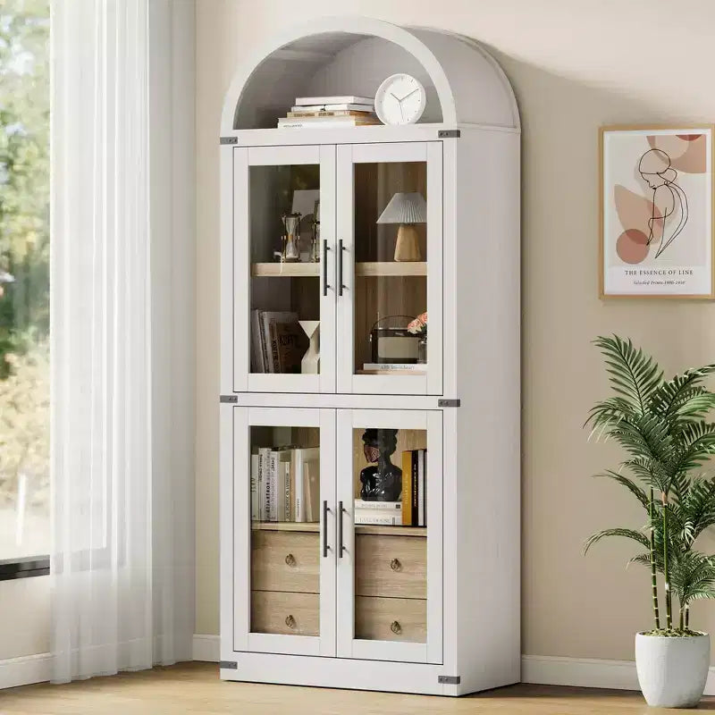 Libreria alta ad arco GustoWave 71.4 con 4 ante e 2 cassetti, armadietto espositivo profondo 15.8 con ripiani, scaffale in legno