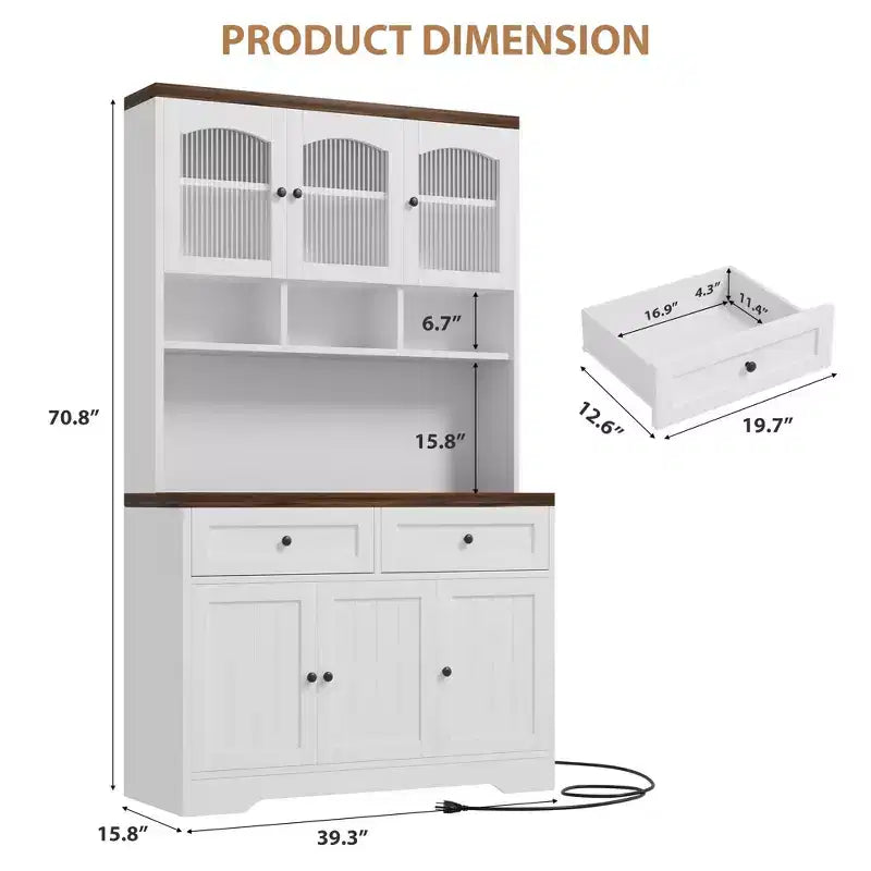 Dispensa da cucina alta 71 pollici con stazione di ricarica, armadio dispensa alto con supporto per microonde, credenza da cucina rustica con cassetti